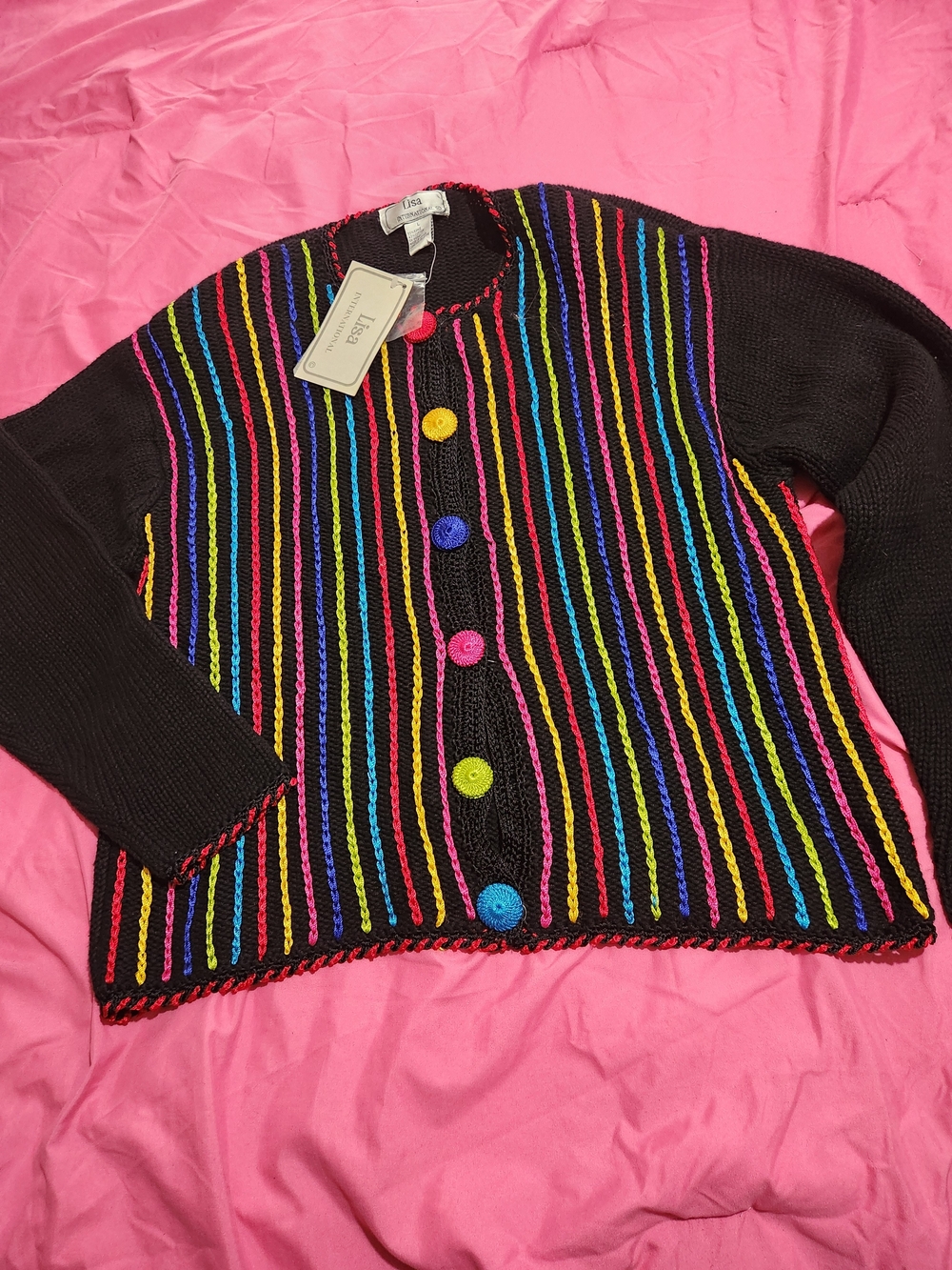 Lisa International Vintage Y2k Multicolor Striped Black Knit Cardigan Sweater